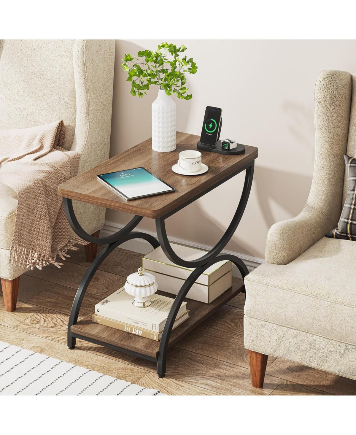 Tribesigns 2-Tier End Side Table with Stylish Metal Frame, Set Of 2, Vintage Rectangular Bedside Nightstand for Bedroom - Brown and black