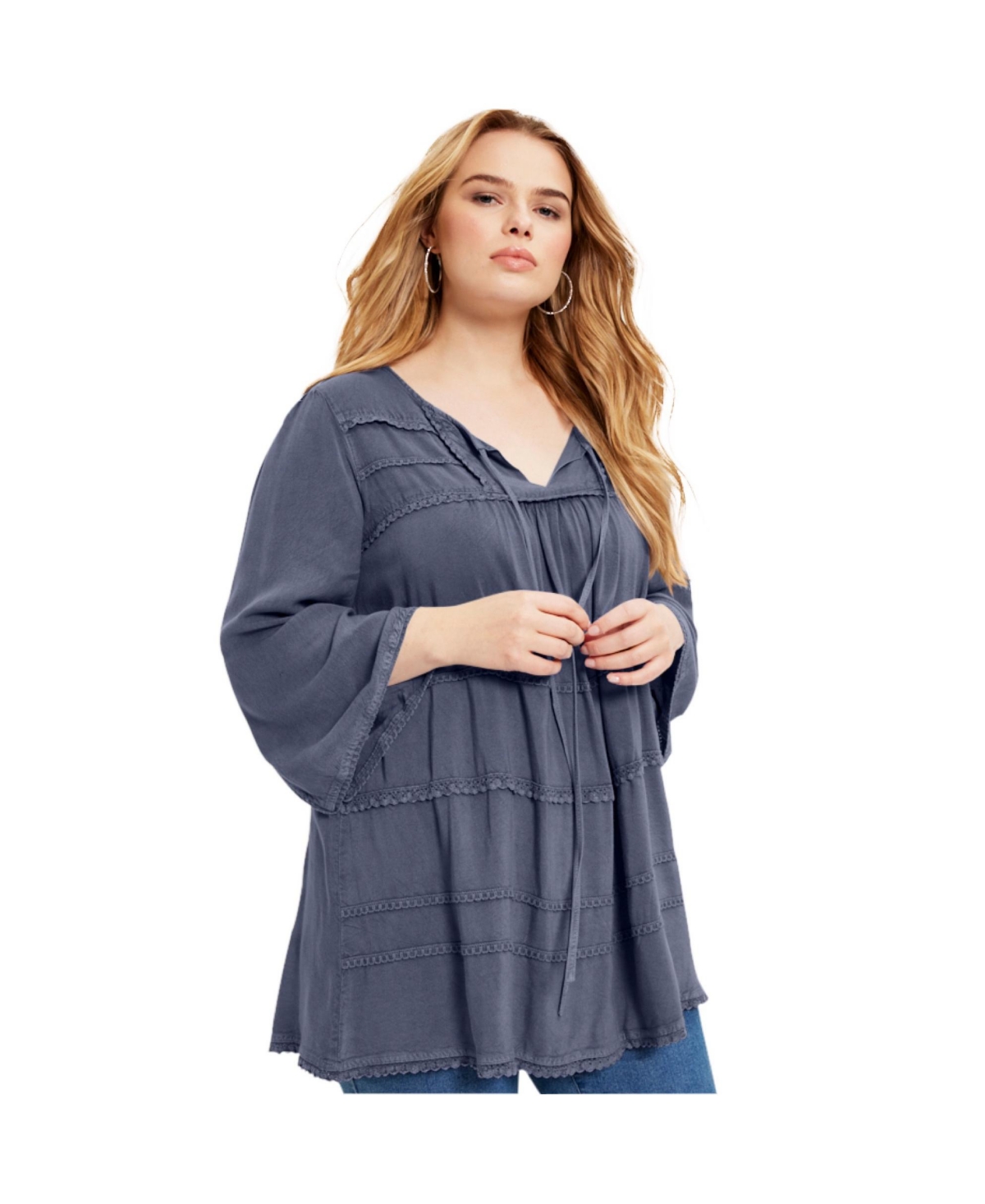 Plus Size June + Vie Acid Wash Peasant Blouse - Soft camel