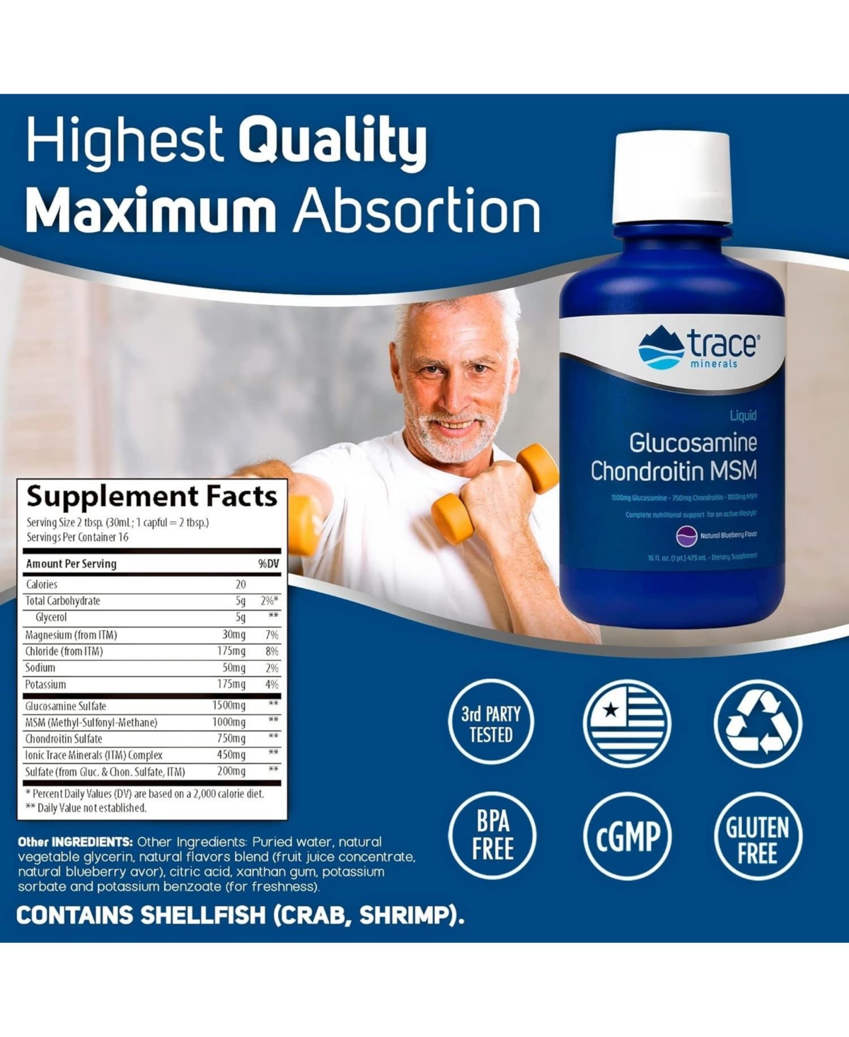 Trace Minerals Liquid Glucosamine Chondroitin Msm | Complete Dietary Supplement for Active Lifestyle | Supports Joints, Cartilage and Mobility | Natur