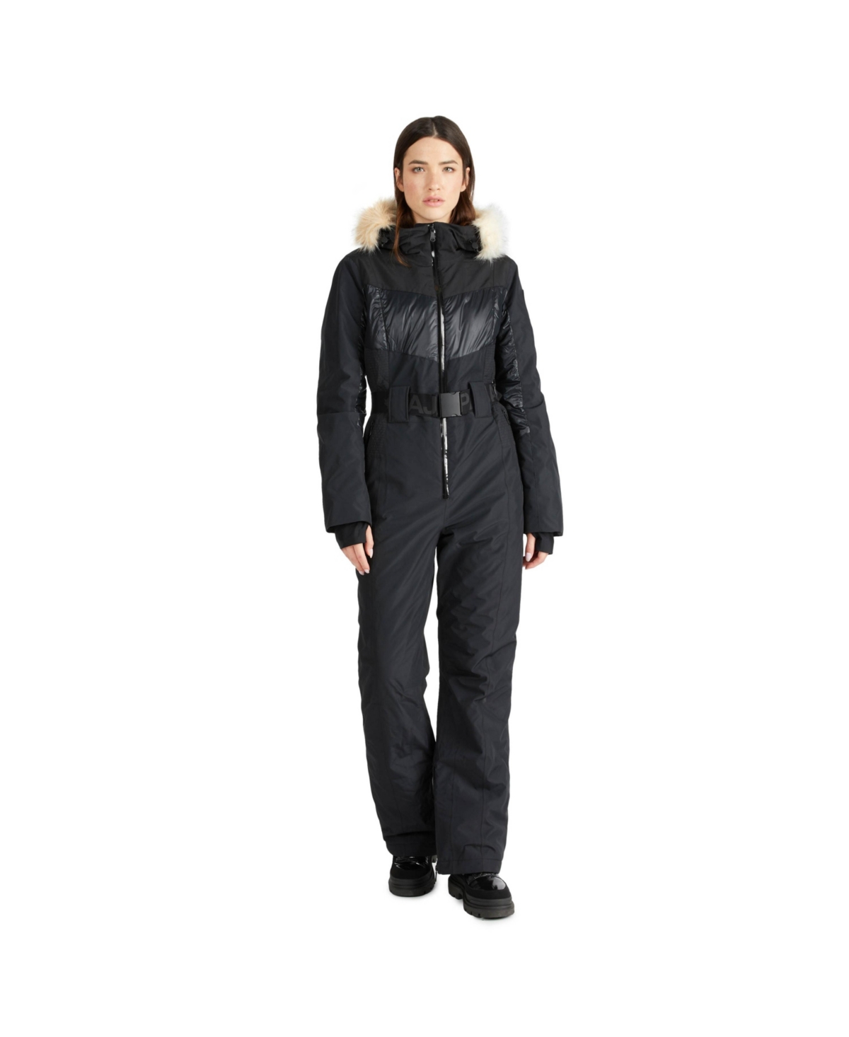 Women's Pearl Belted Mixed Media Ski Jumpsuit - Black