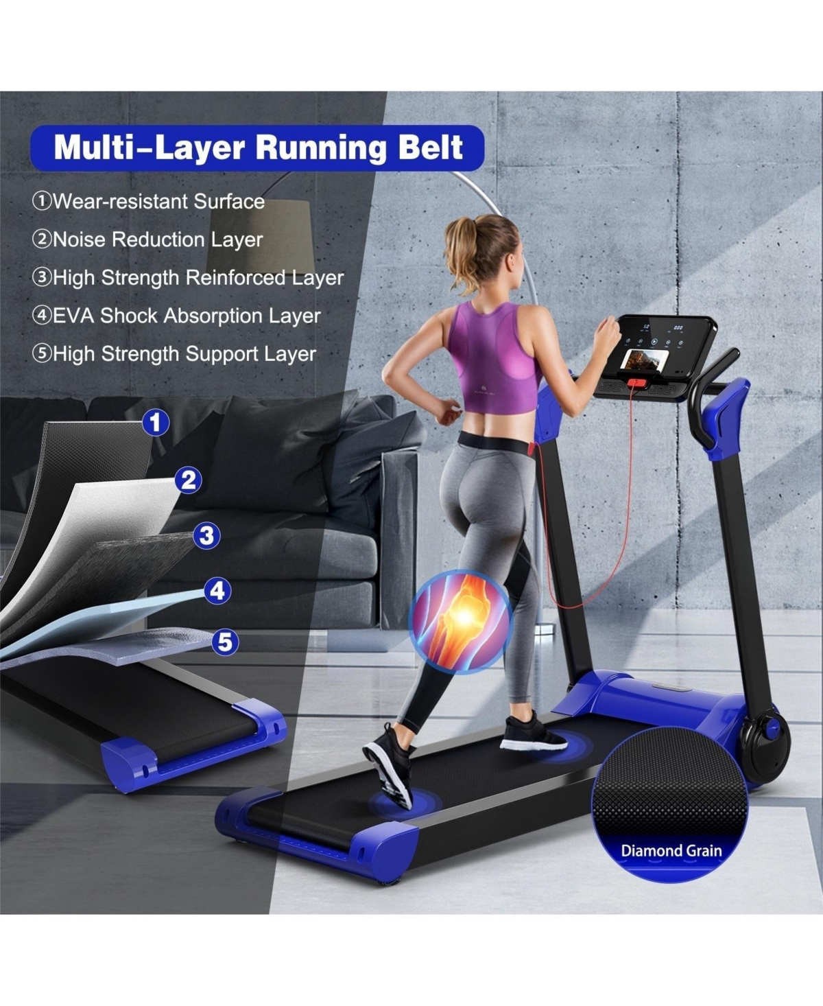 Vebreda 2.25 Hp Electric Motorized Folding Running Treadmill Machine with Led Display- Navy