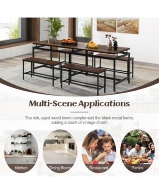 3 Pieces Dining Table Set with Wooden Kitchen Table and 2 Benches-Brown