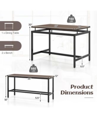 3 Pieces Dining Table Set with Wooden Kitchen Table and 2 Benches-Brown