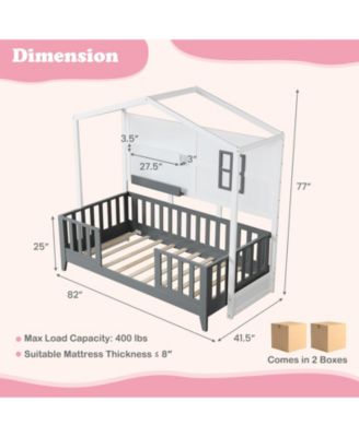 Twin Wood House Bed Montessori Floor Bed with 2 Shelves and Guardrails