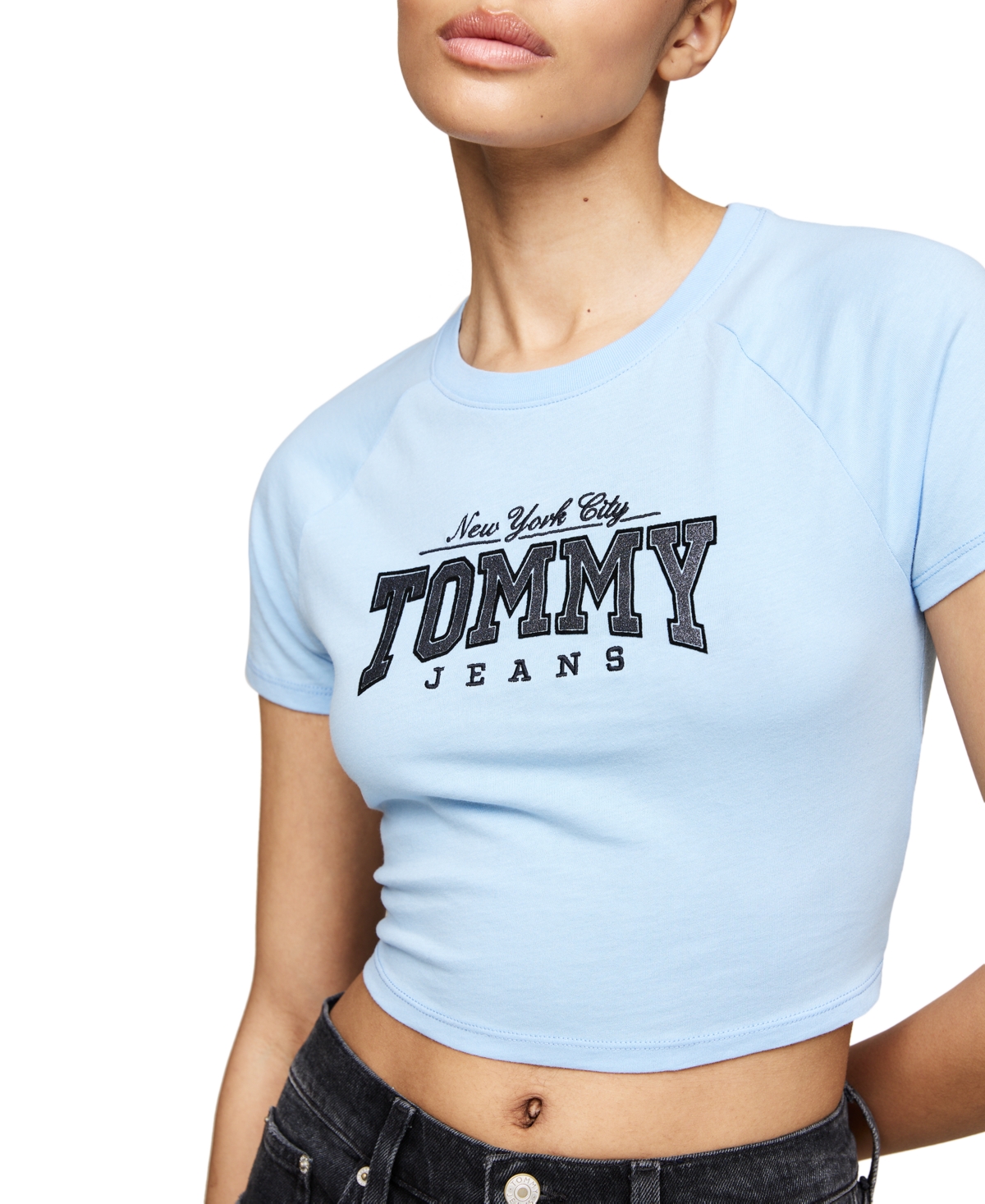 Tommy Jeans Women's Cotton Glitter Slim Cropped Varsity Tee
