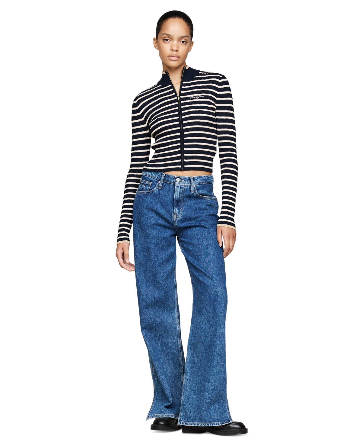 Tommy Jeans Women's Metallic Tipped Zip-Front Sweater -/ STRIPE