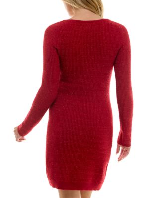 Juniors' Square-Neck Bow Long-Sleeve Sweater Dress