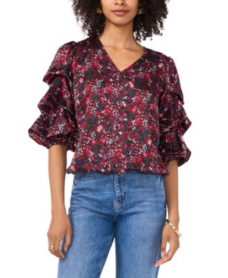 Vince Camuto Women&rsquo;s Printed V-Neck Bubble Sleeve Top - Macy&rsquo;s