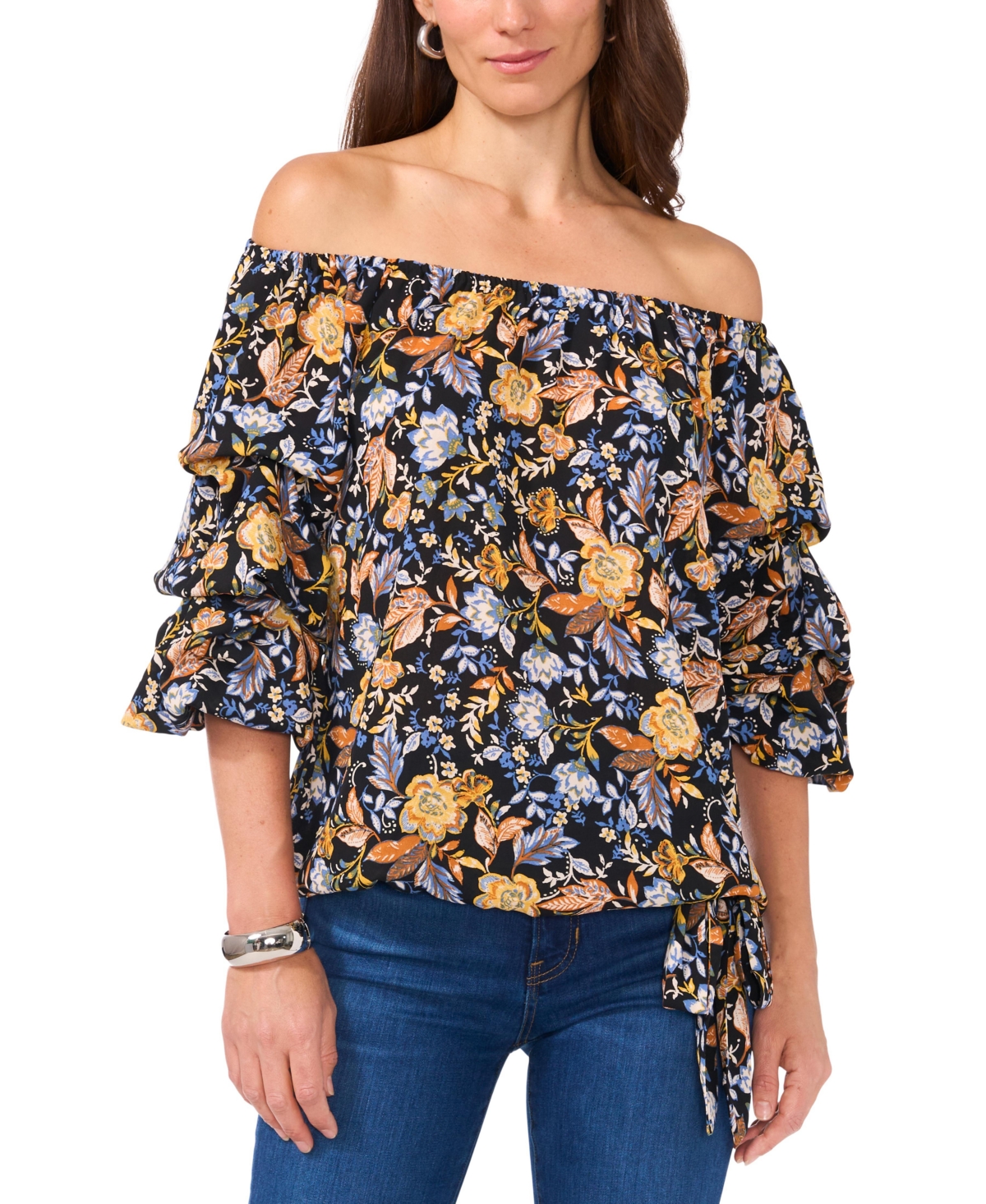 Shop Vince Camuto Women's Floral Off-the-shoulder Bubble 3/4-sleeve Tie-front Blouse In Rich Black