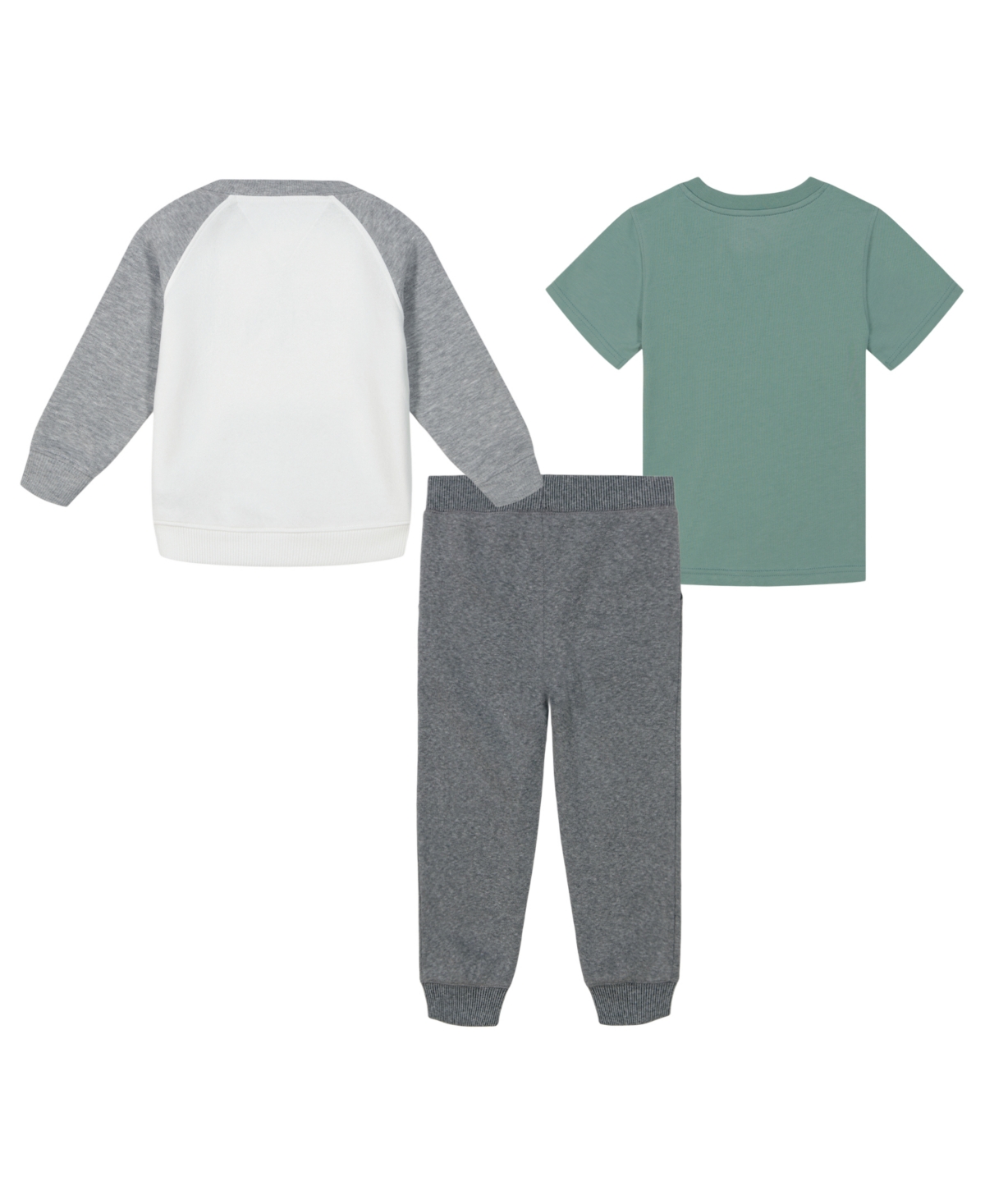Calvin Klein Toddler and Little Boys Short Sleeve Logo Tee, Monogram Raglan Crewneck Joggers 3-Piece Set -Marshmallow/Abyss