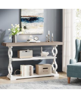 Farmhouse Console Table, 55 inch Rustic Entryway Sofa Table with Storage Shelves, 3 Tier Wood Long Accent Entry Table, Grey and White