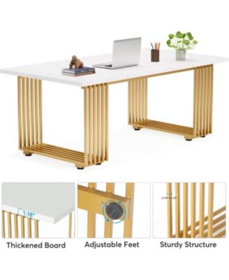 70.9" Modern Office Desk, Wooden Computer Desk, White Executive Desk with Gold Metal Legs, L Study Writing Desk