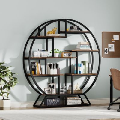 Bookshelf, Round Bookshelves Etagere Bookcase, Rustic Open Shelving Organizer Rack Display Shelf for Home Office, Living Room
