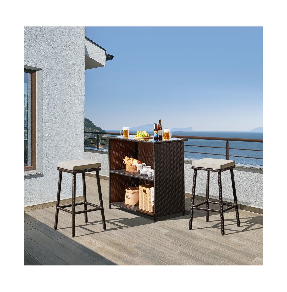 Yaheetech Rattan Wicker Patio Table and Two Stools