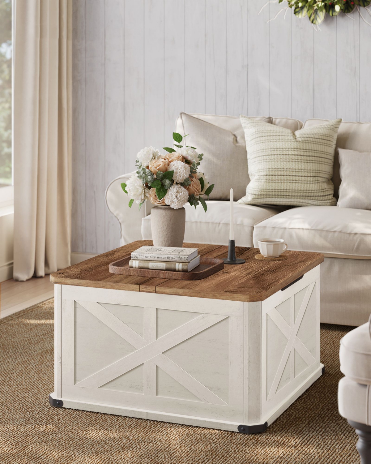 Slickblue Farmhouse Coffee Table with Storage, Rustic Design