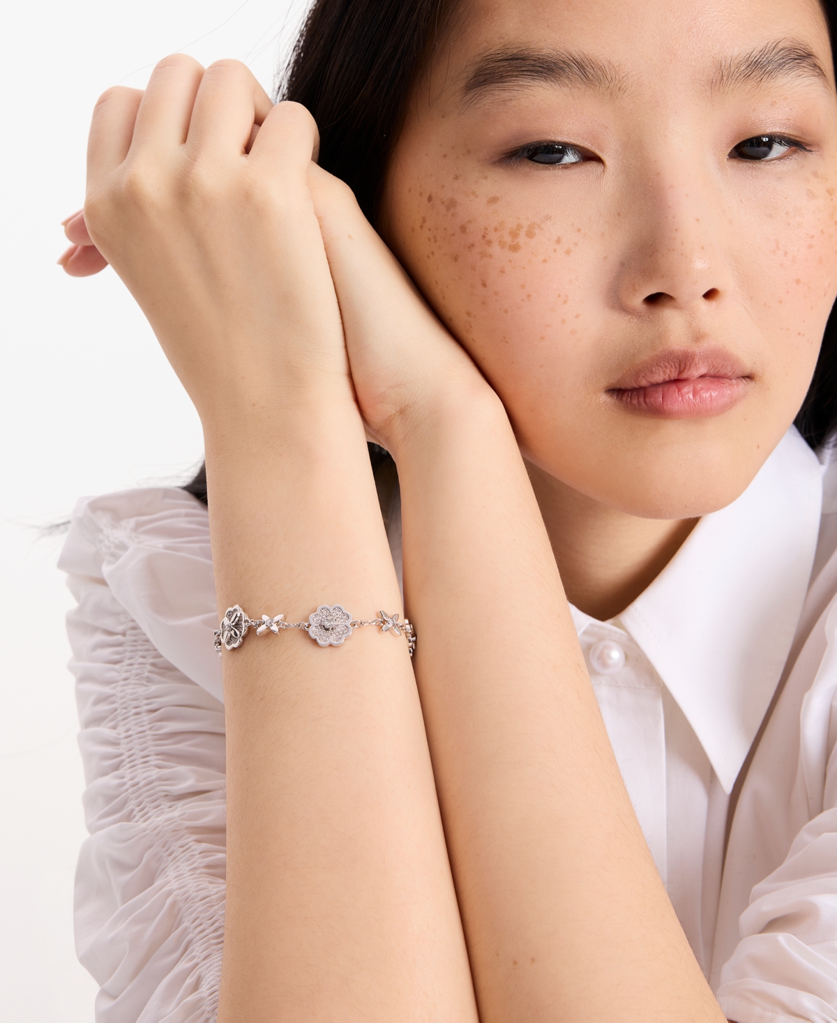 Kate Spade New York Silver-Tone Pave Flower Charm Flex Bracelet -silv