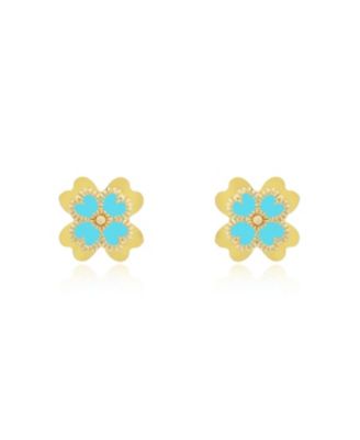 Blue Enamel Four Leaf Clover Stud Earrings 14K Gold