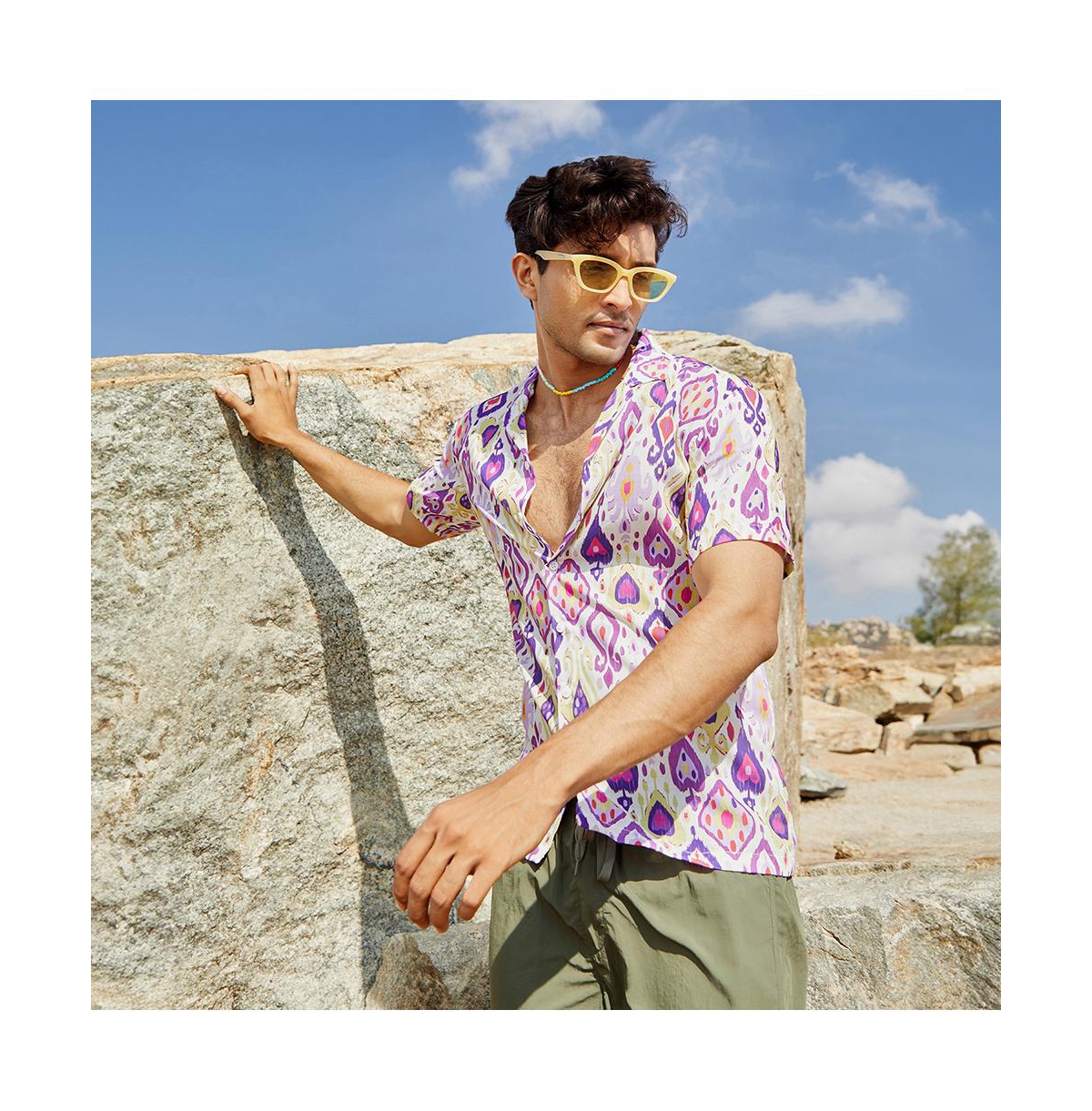 Campus Sutra Men's Lavender & PearEthnic Shirt - Yellow