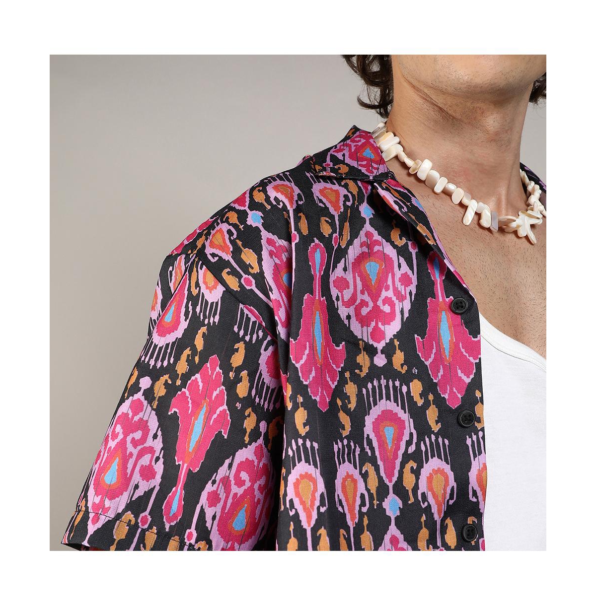 Campus Sutra Men's Midnight& Light Pink Ethnic Shirt - Black