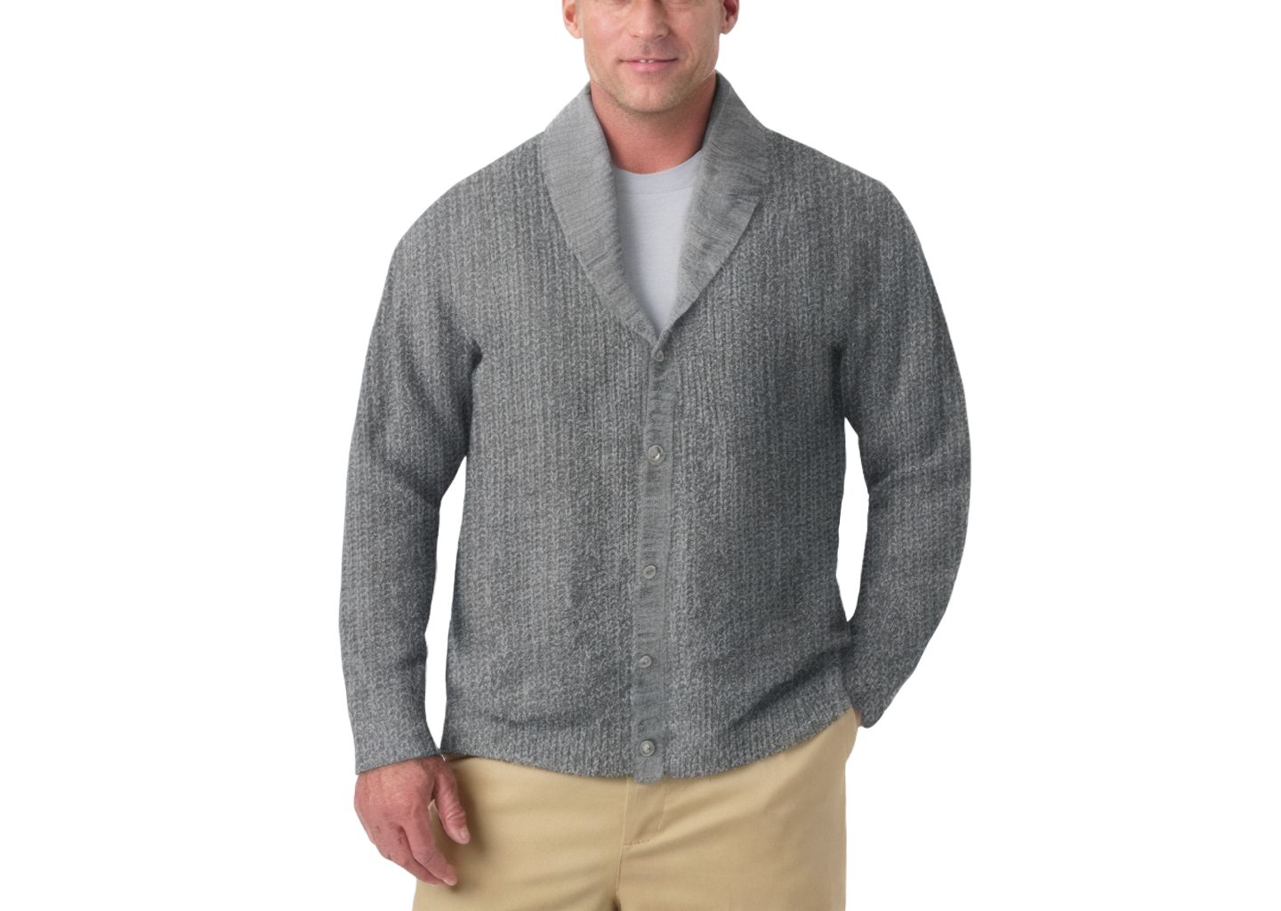 Мужской кардиган KingSize Shaker Knit Shawl-Collar Cardigan, цвет: Серый меланжевый — фото 1