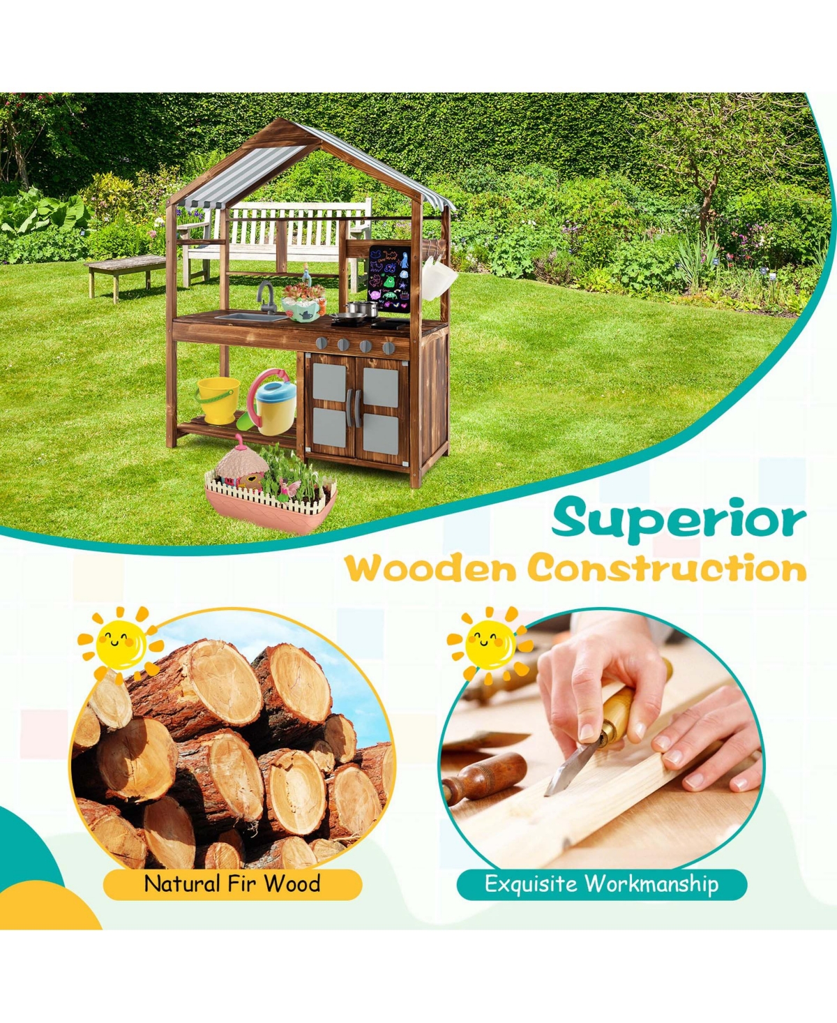 Costway Wooden Mud Kitchen with Chalkboard, Stoves, Removable Sink & Accessories