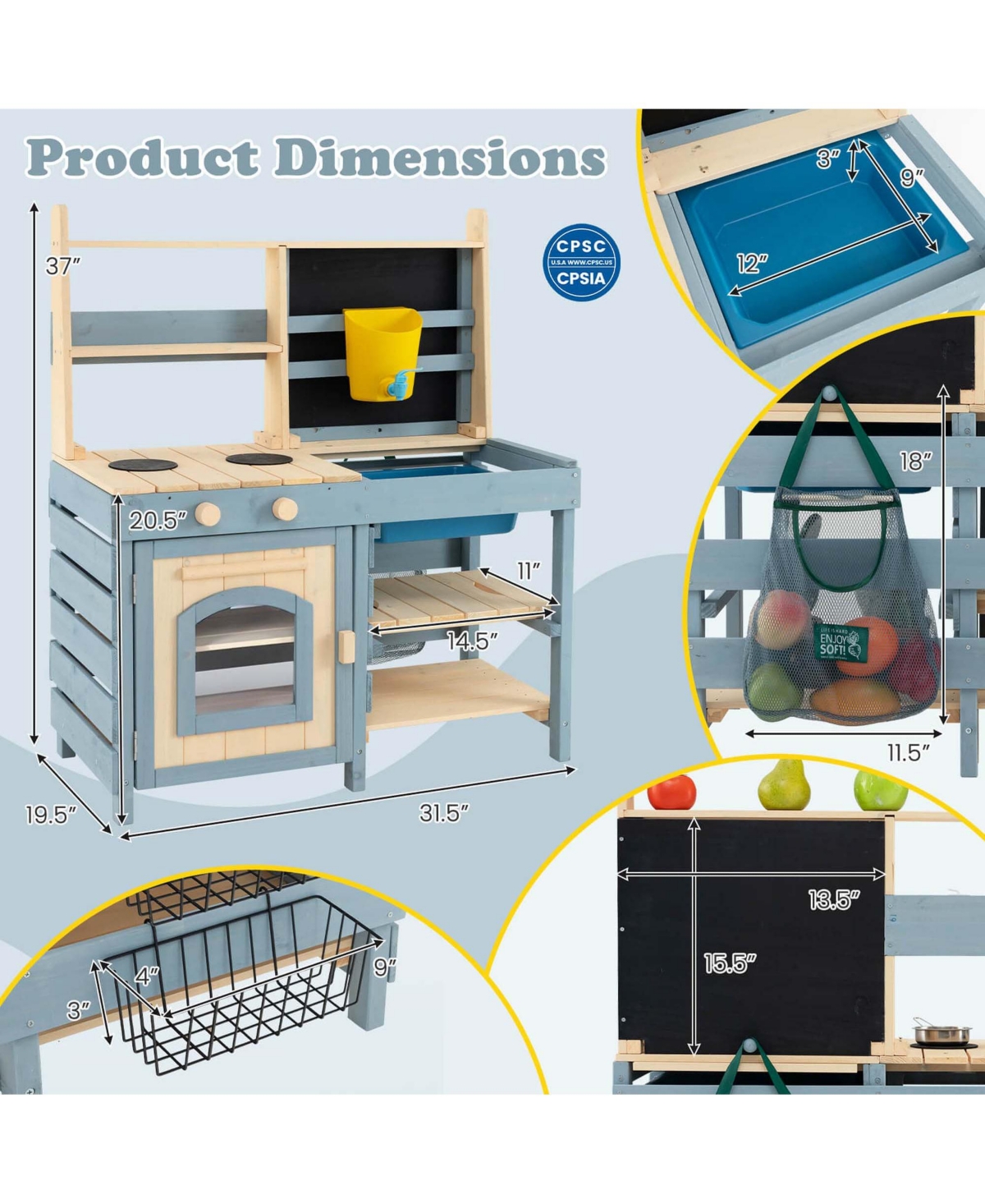 Costway 2-In-1 Outdoor Mud Kitchen with Faucet & Removable Sink Metal Baskets Storage Bag