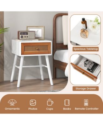 Rattan Nightstand Mid Century Modern Accent Table with Drawer
