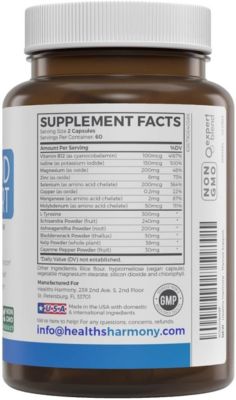Thyroid Support Capsules, Ashwagandha Root, Zinc, Selenium, Vitamin B12 Complex for Thyroid Health Support, Health's Harmony, 180ct
