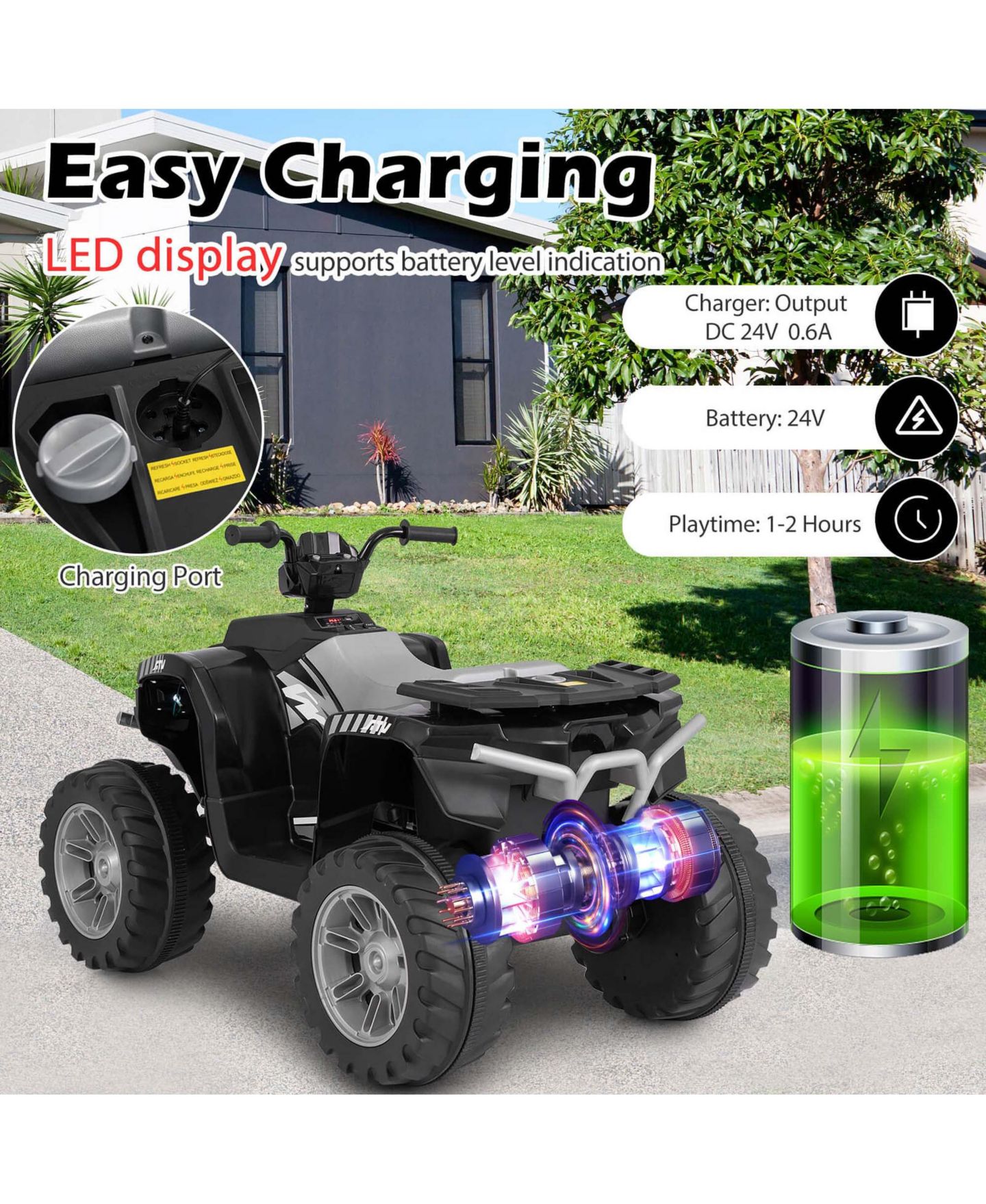 Детская игрушка Costway 24V Kids Ride-On Electric Quad Car with Wireless Connection, 77 lb. Capacity, Ages 3-8, цвет: Чёрный — фото 6