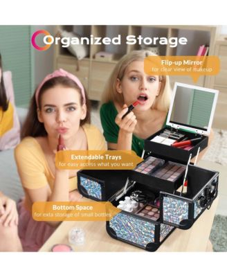 Makeup Train Case Cosmetic Organizer w/ Mirror Mermaid Silver Artist