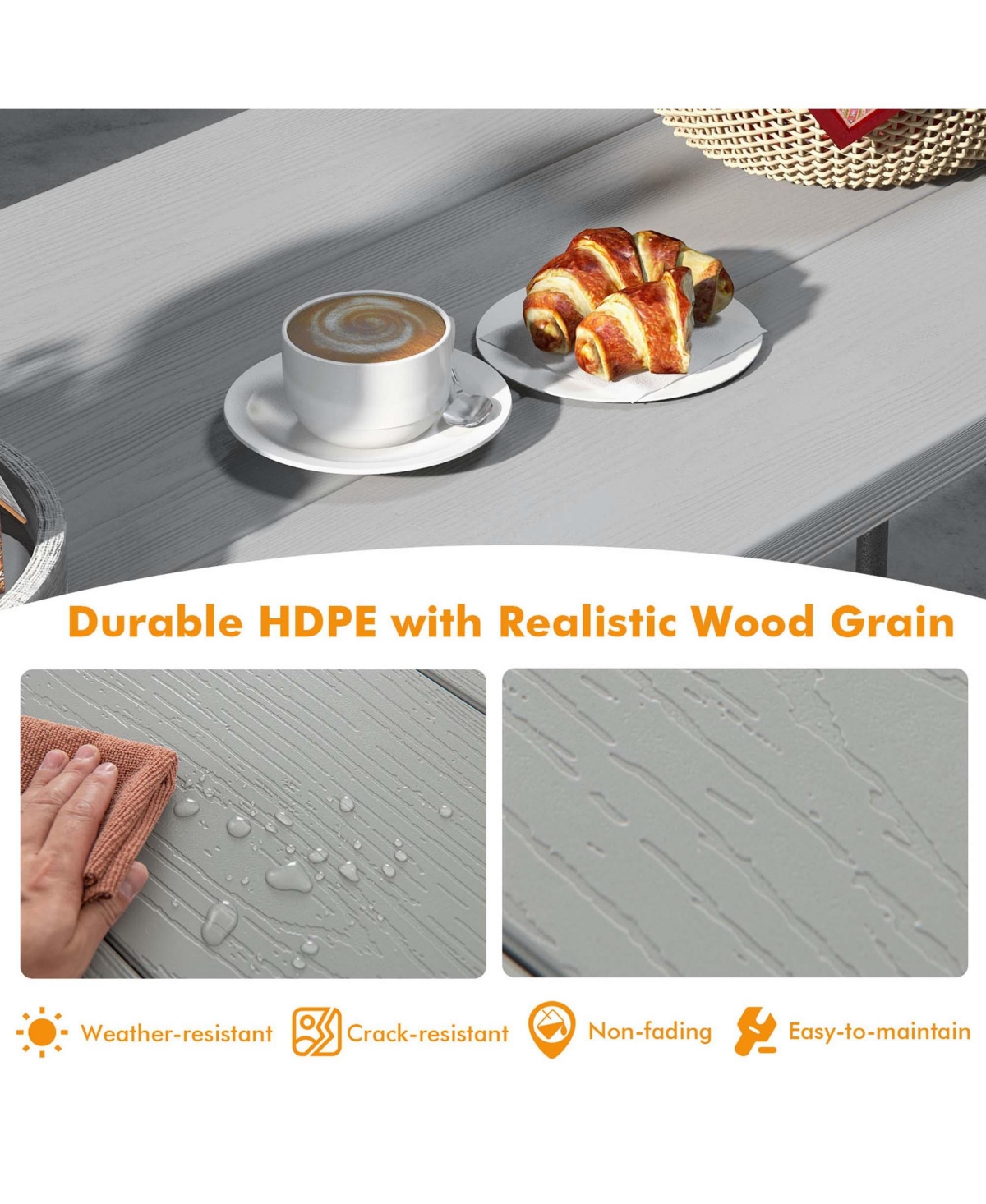 Costway Folding Picnic Table with Wood-like Tabletop, Umbrella Hole, 2 Benches for 8 Person