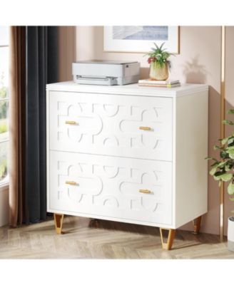 2-Drawer Lateral File Cabinet, Modern White Filing Cabinet, Large Storage Filing Cabinet Printer Stand for Home Office, White and Gold