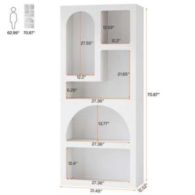 70" Tall Geometric Bookshelf Set of 2, White Arched Bookcase with 5 Irregular Storage Shelves, Modern Open Art Decor Display Shelf