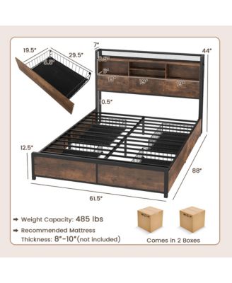Queen Size Bed Frame w/ Bookcase Headboard & 4 Storage Drawers Vintage Brown