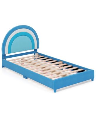 Kids Twin Platform Bed Frame Upholstered Twin Size Bed w/ Wooden Slats Support Blue