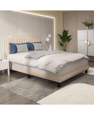 Queen Upholstered Bed Frame with linen fabric vertical lines Rivets headboard