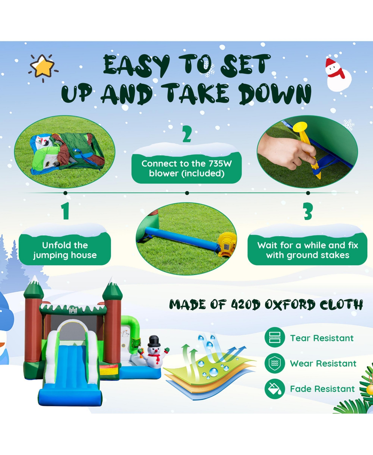 Costway 6-in-1 Winter Themed Snowman Inflatable Castle kids Jumping House with 735W Blower