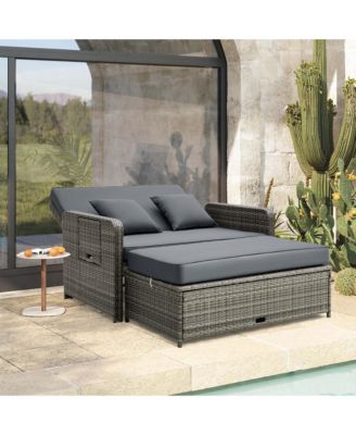 Wicker Loveseat Sofa Set Patio Rattan Daybed with Ottoman & Retractable Side Tray