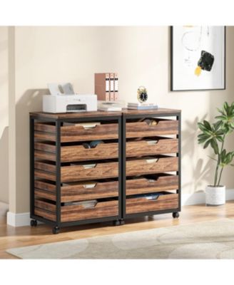 5-Drawer Wood Storage Cabinet with Wheels – Industrial Organizer Cart for Office, Bedroom, Entryway