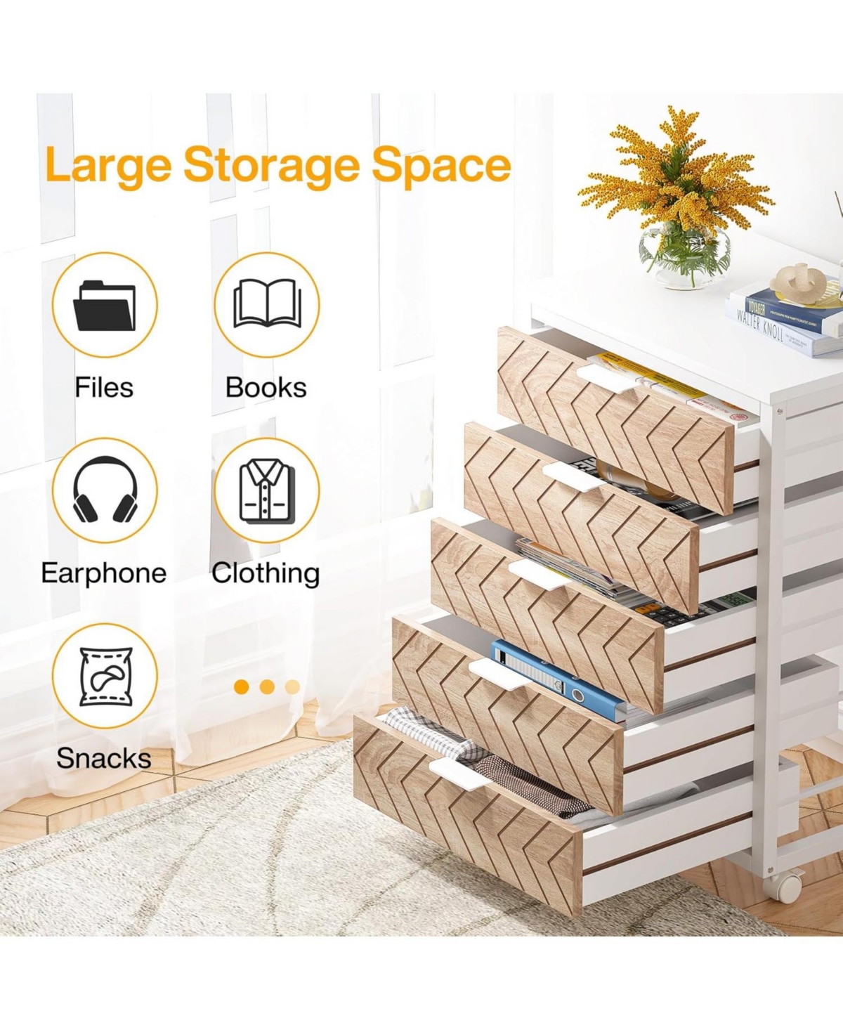 Tribesigns 5 Drawer Chest, Wood Storage Dresser Cabinet with Wheels, Industrial Storage Drawer Organizer Cart for Office Bedroom Entryway - Beige and