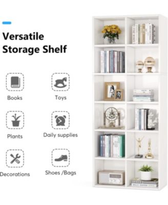 71.65 Inch Tall Narrow Bookcase Bookshelf, White Modern Bookcase with 12 Cube Storage for Home Office, Vertical or Horizontal