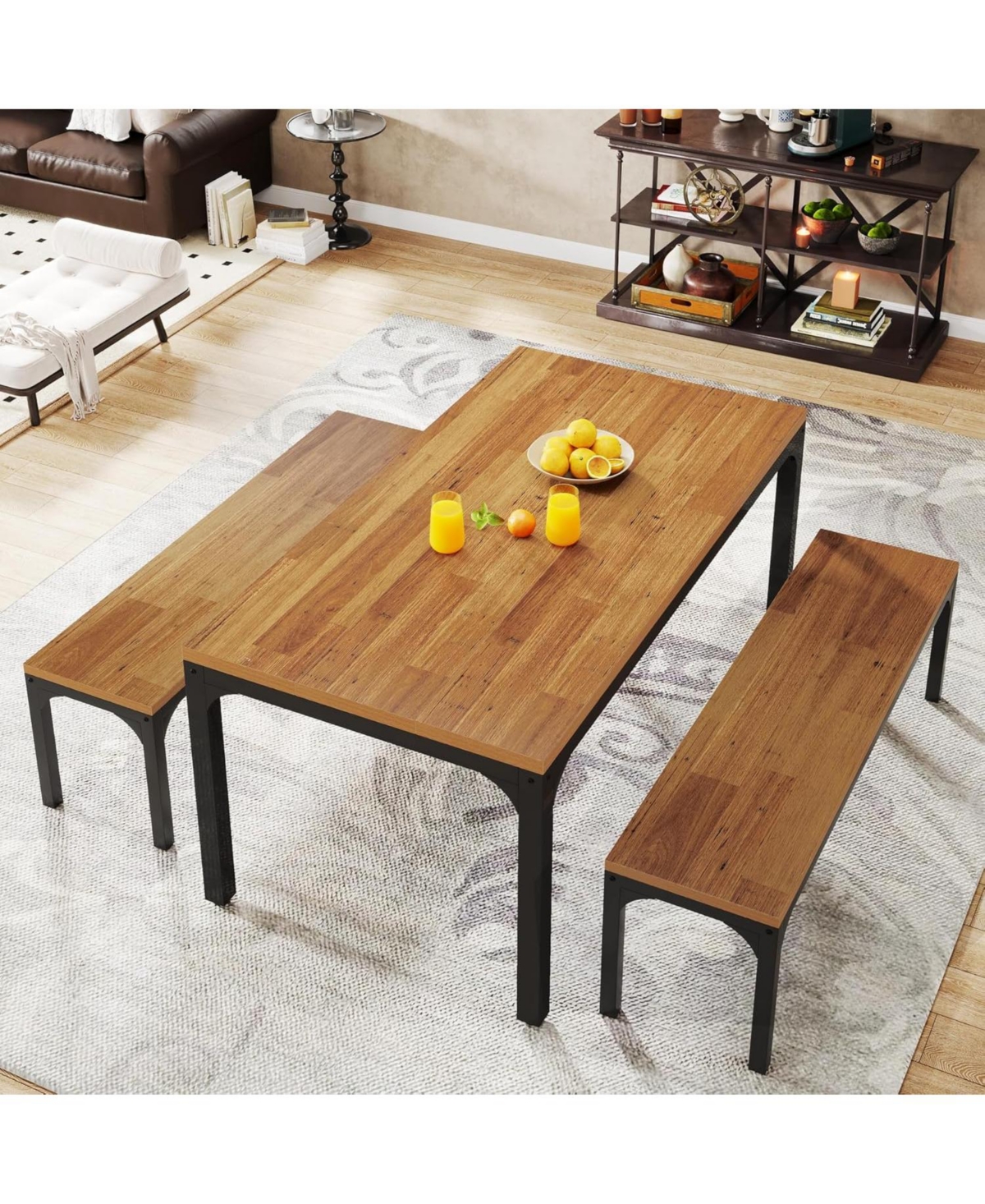 Tribesigns Dining Table Set for 6 People, 3 Pieces Rectangular Kitchen Table with 2 Benches, 55 Inches Large Wooden Kitchen Table Set for Small Space