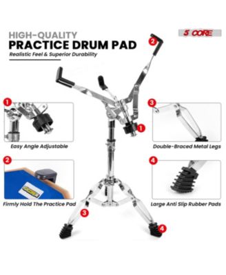 Drum Practice Pad Set 12" Adjustable Snare Drumming Stand Double Sided Silent Drummer Kit
