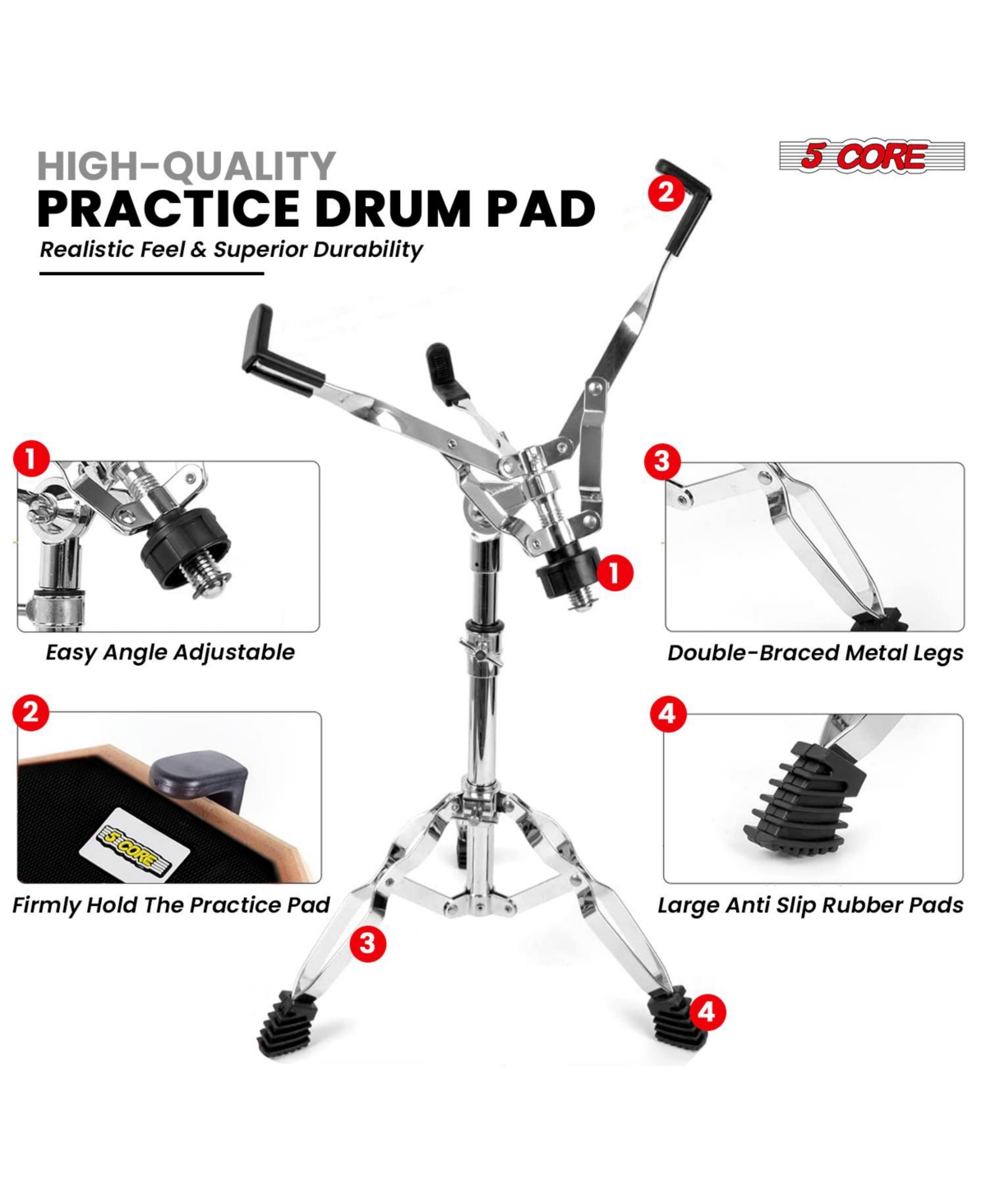 5 Core Drum Practice Pad Set Adjustable Snare Drumming Stand Double Sided Silent Drummer Kit -- Black