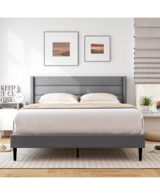 Queen Bed Frame with Wingback Headboard Linen Upholstered Platform Bed