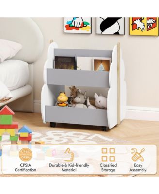 Kids Wooden Bookshelf with Wheels 2-Tier Toy Storage Shelf Double-sided Bookcase