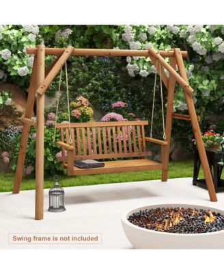 2-Seat Porch Swing Bench Acacia Wood Chair with 2 Hanging Hemp Ropes for Backyard