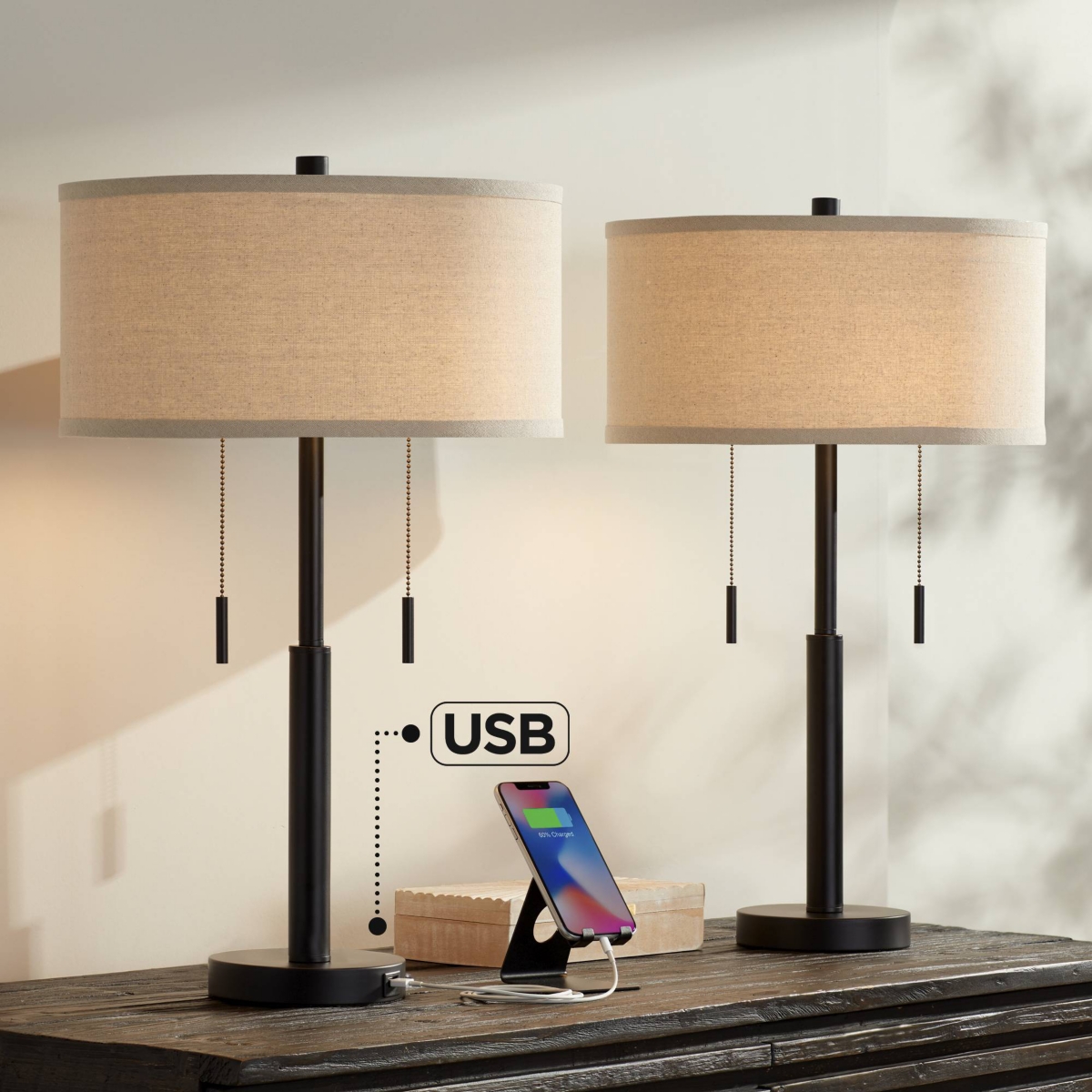 Franklin Iron Works Bernie Industrial Nightstand Table Lamp High Set of 2 with Hotel Style Usb Charging Port Rich Bronze Metal Fabric Drum Shade f