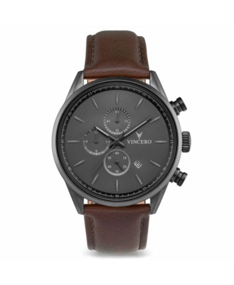 Мужские часы Vincero Chrono S2 Chronograph Brown Leather Strap Watch 43mm, цвет: Графитовый металлик / Орех