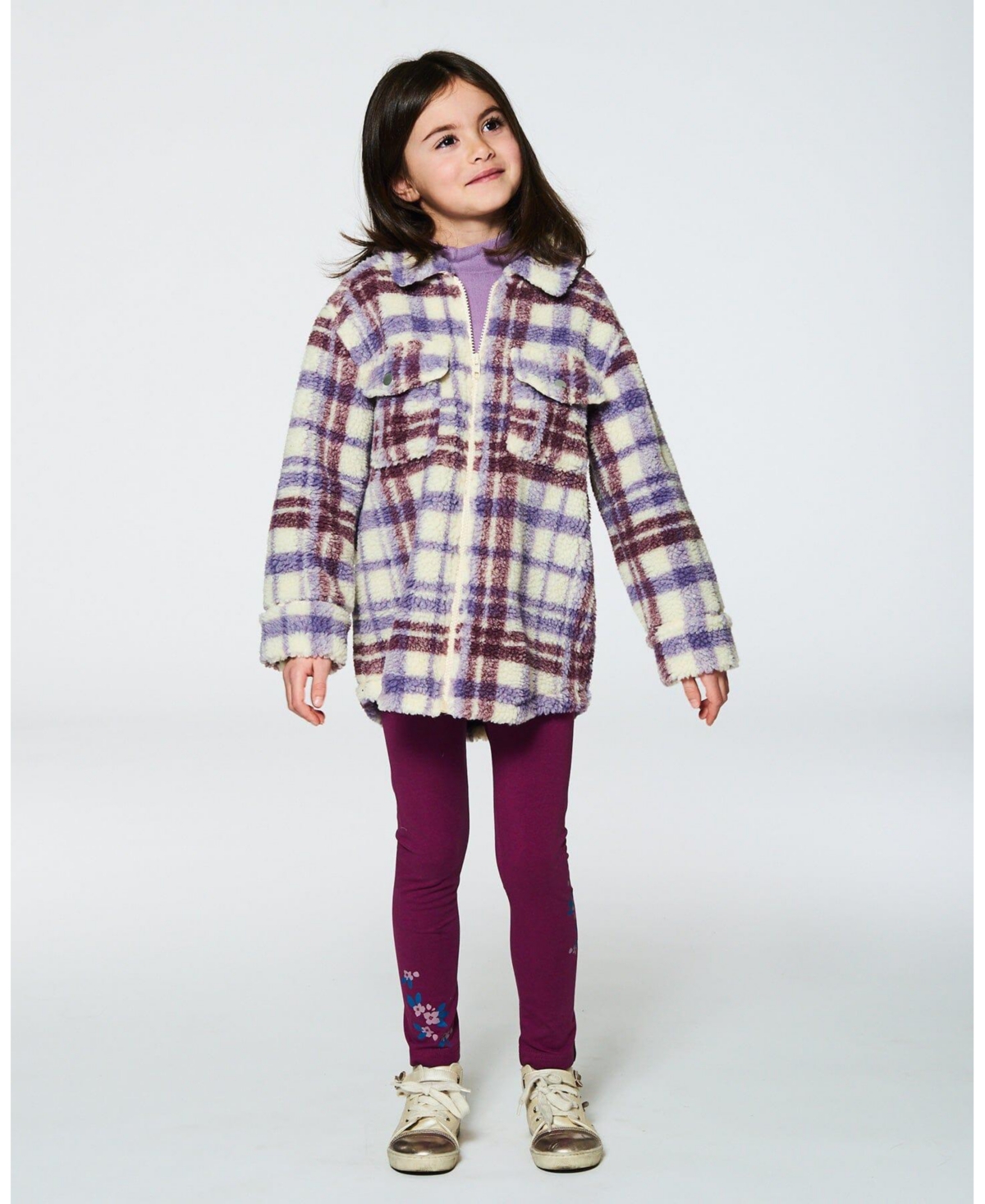 Deux par Deux Big Girls Zip Front Sherpa Overshirt Plaid Purple And White - Plaid purple and white